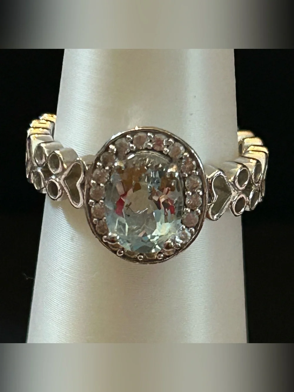 1.35CT Oval Aquamarine & .40CT White Zircon Openwork Heart Design Ring Size 9 SS